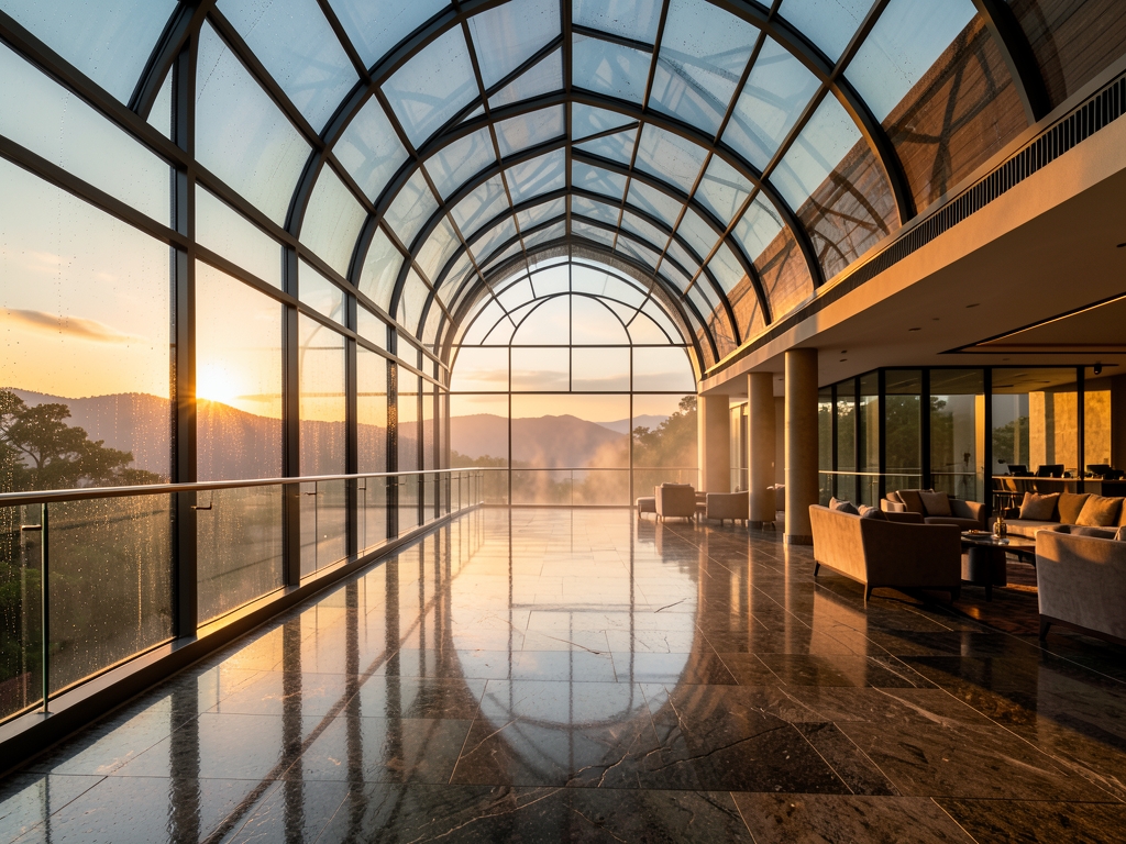 rain washed glass atrium hillside hotel golden hour warm