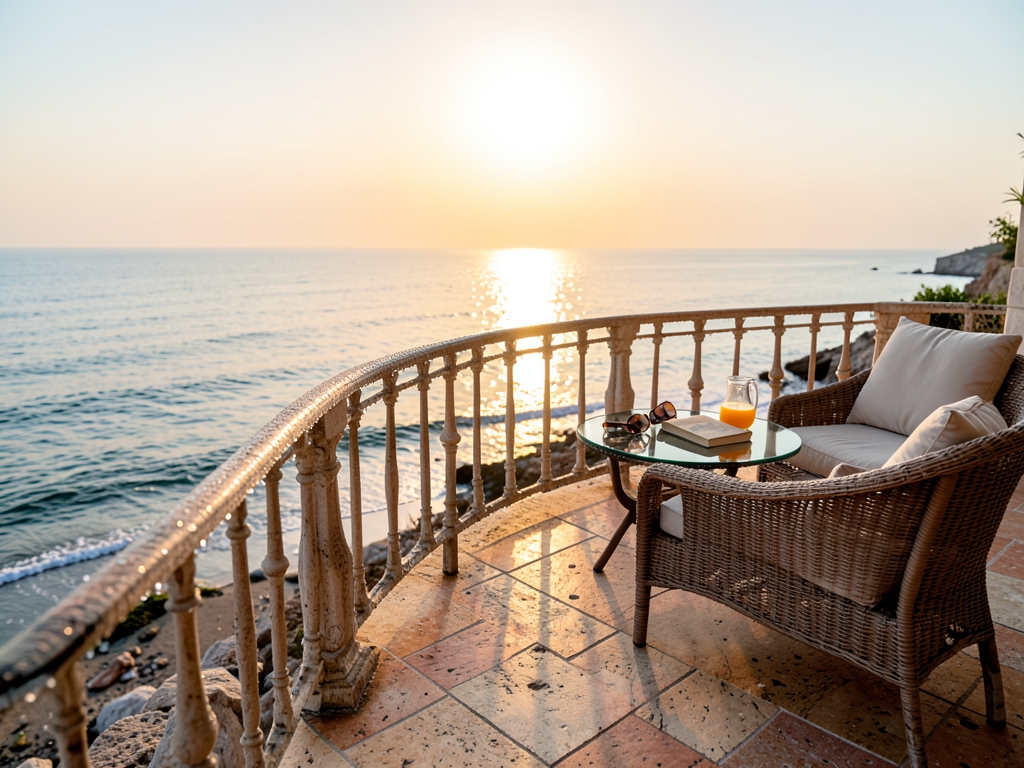sunlit coastal terrace dawn travertine railings soft diffused