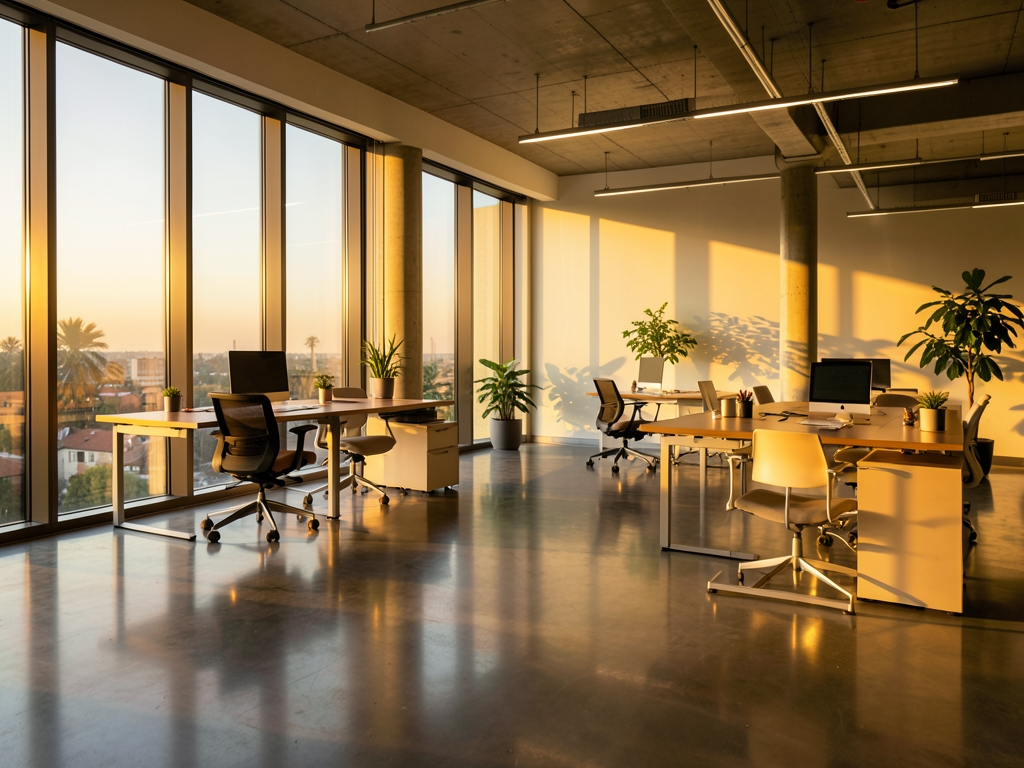 sunlit open plan workspace golden hour polished concrete floors