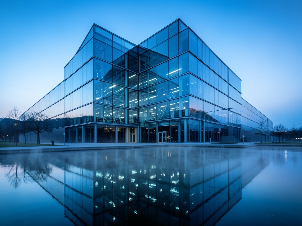 vast glass and steel data hall dawn cool blue light