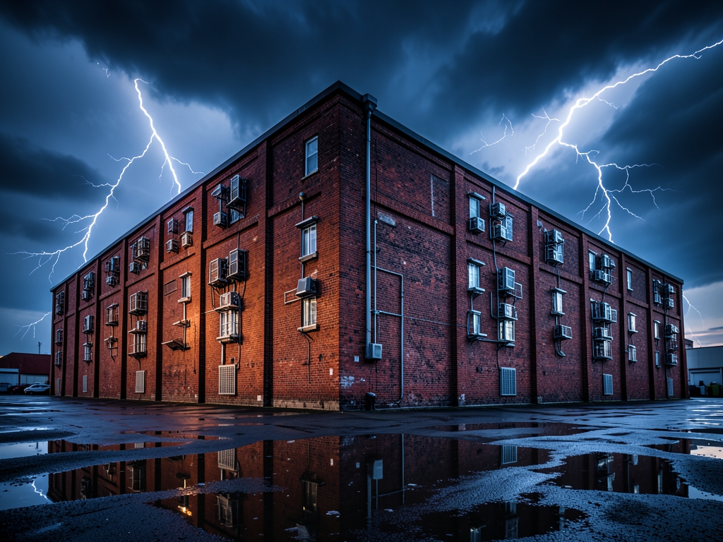 expansive industrial warehouse exterior dusk featuring advanced sensor