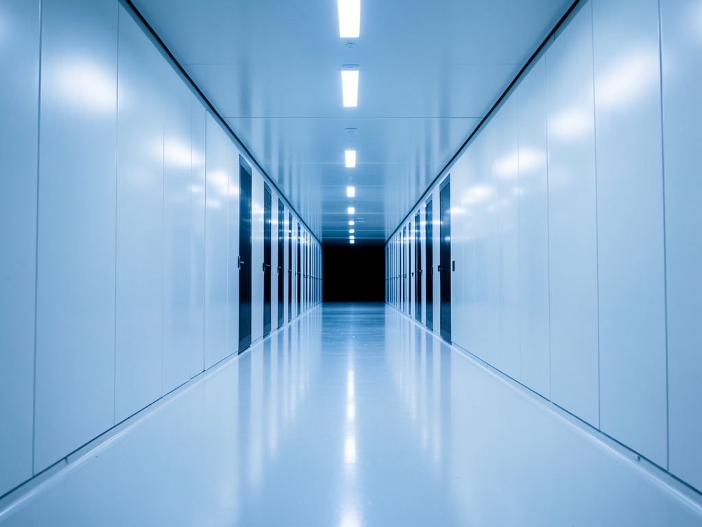 vast pristine white data center corridor stretching into