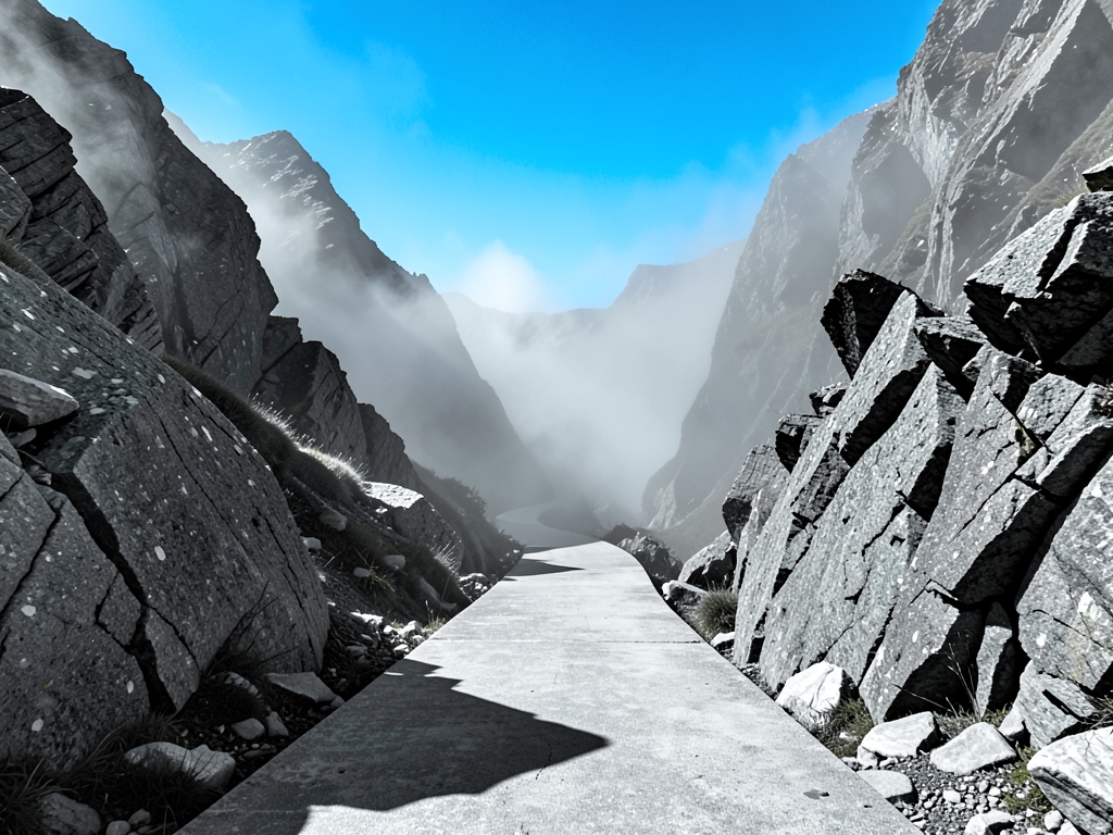 lone winding concrete path crossing foggy monochrome mountain