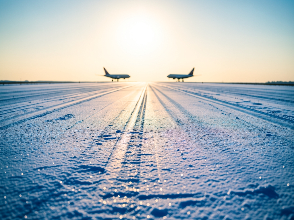 snow dusted runway golden hour winter casting long shadows