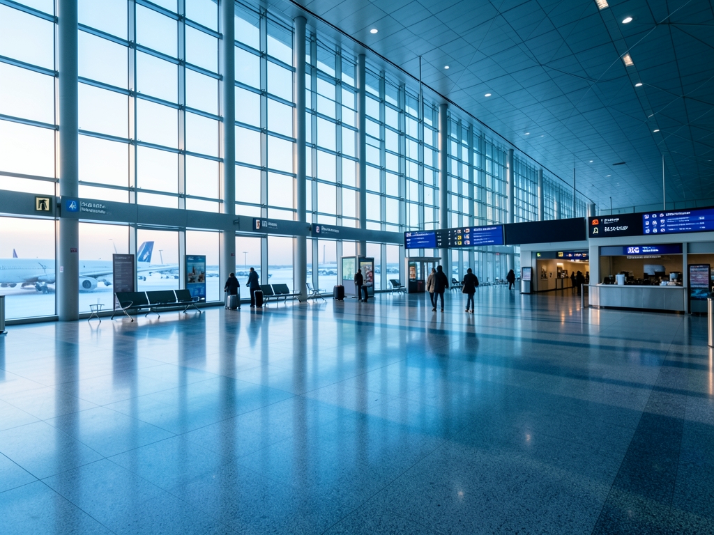 vast airport terminal dawn with pale winter light