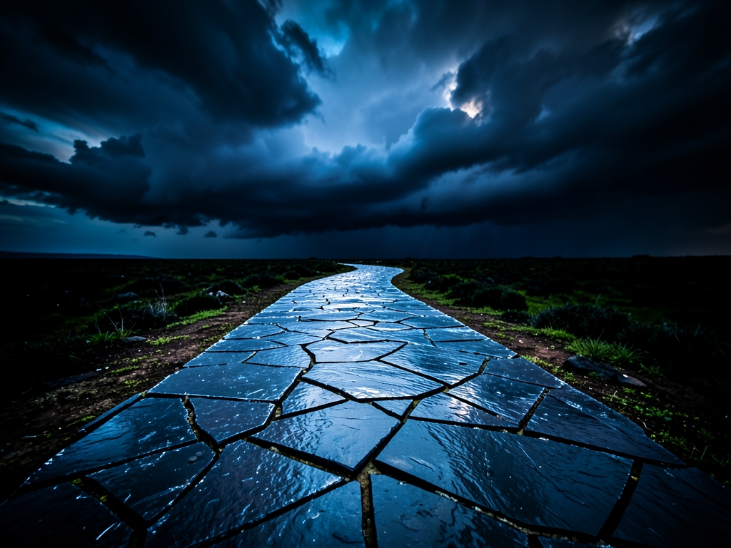 winding path cracked obsidian tiles leads toward distant