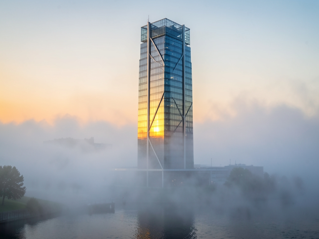 modern glass and steel tower dawn soft golden light reflecting