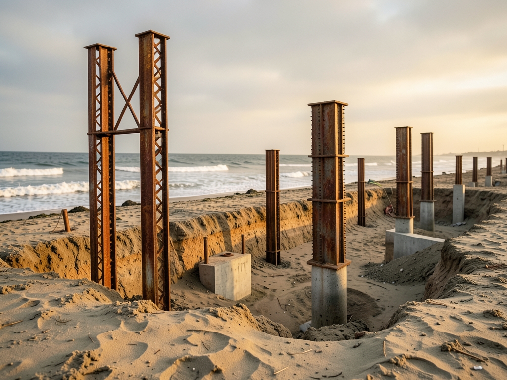 coastal construction site golden hour steel H piles concrete
