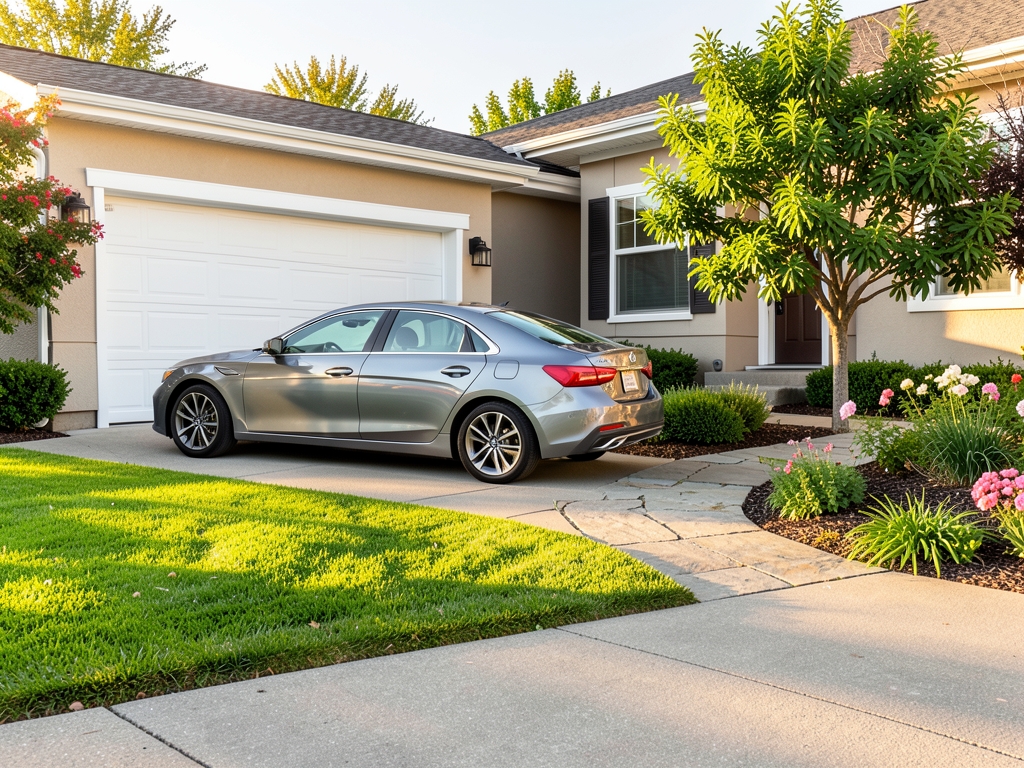 Sunlit suburban driveway with clean sedan parked beside
