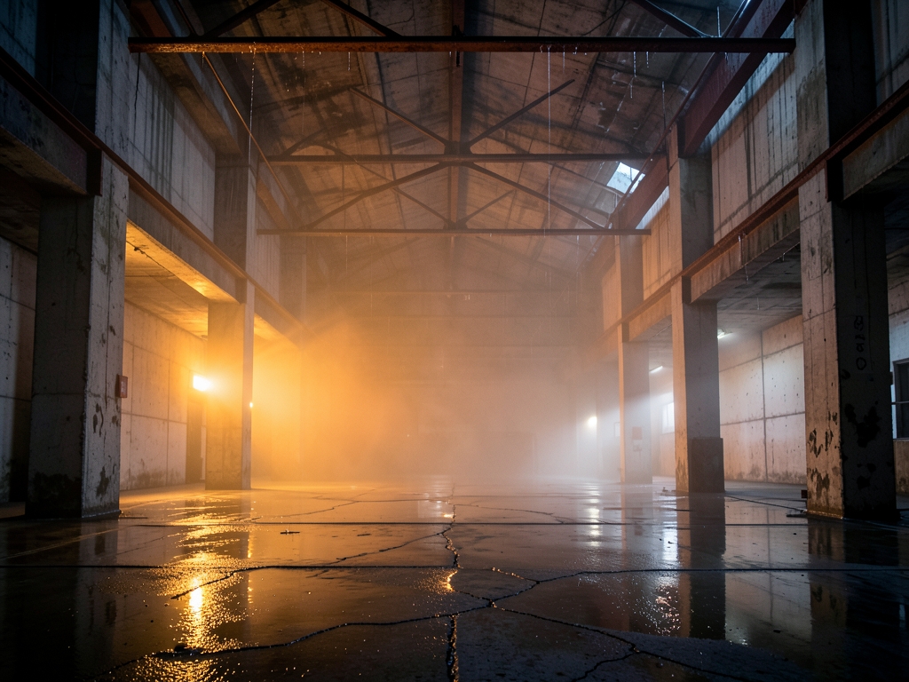 cavernous concrete warehouse twilight with shafts amber light
