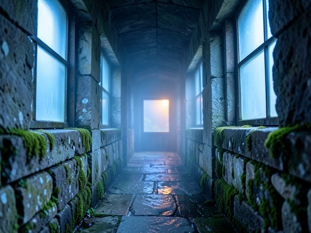 narrow stone corridor inside mountain monastery dawn soft