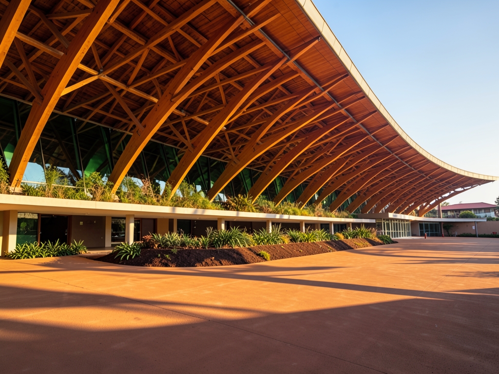 sweeping curved timber roof over low slung communal hall