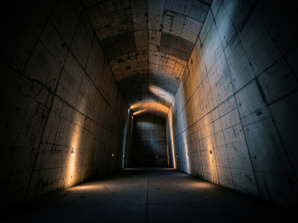 vast echoing concrete vault with amber light filtering