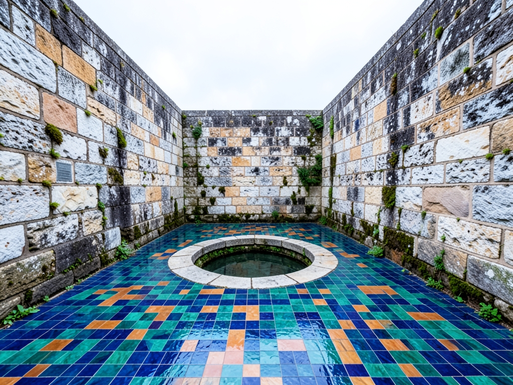 minimalist stone courtyard where parallel walls converge toward