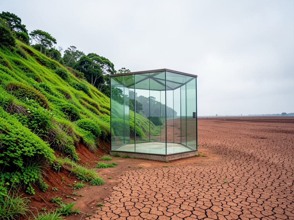 minimalist glass pavilion standing between contrasting landscapes lush