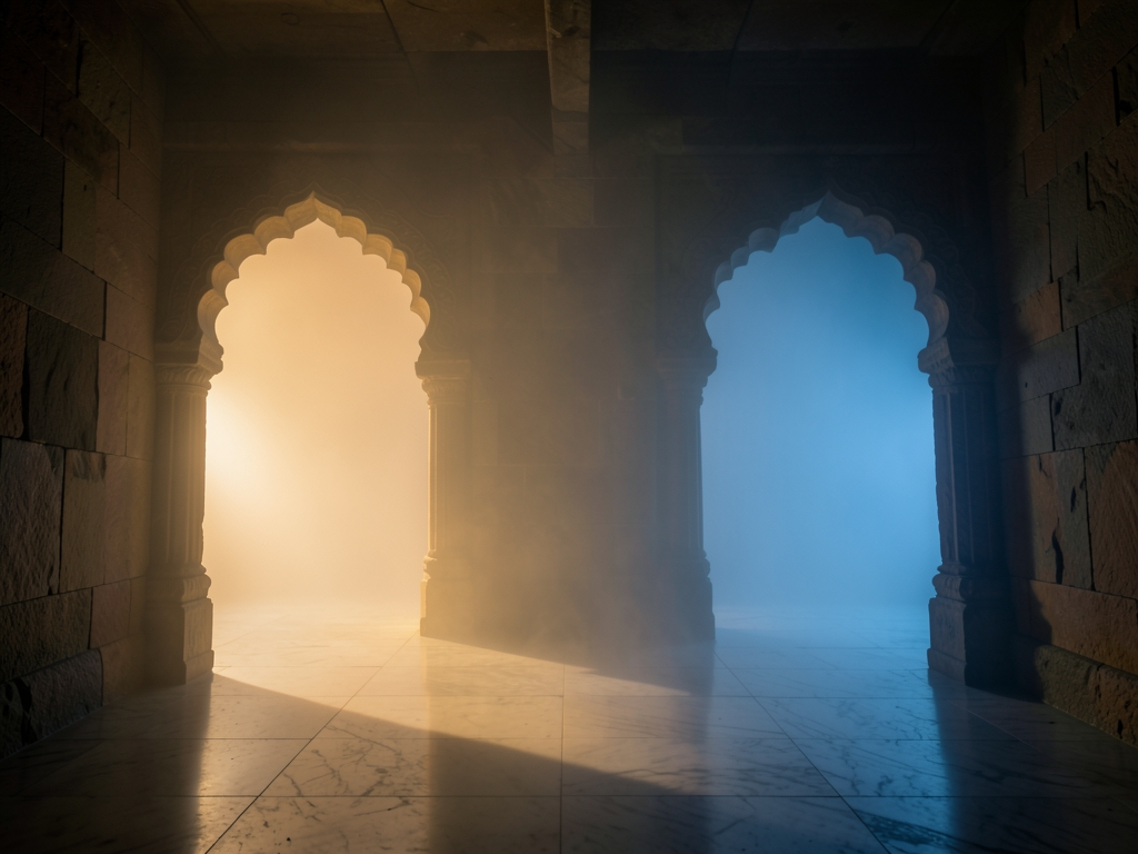 fog draped stone corridor with diverging archways flooded with