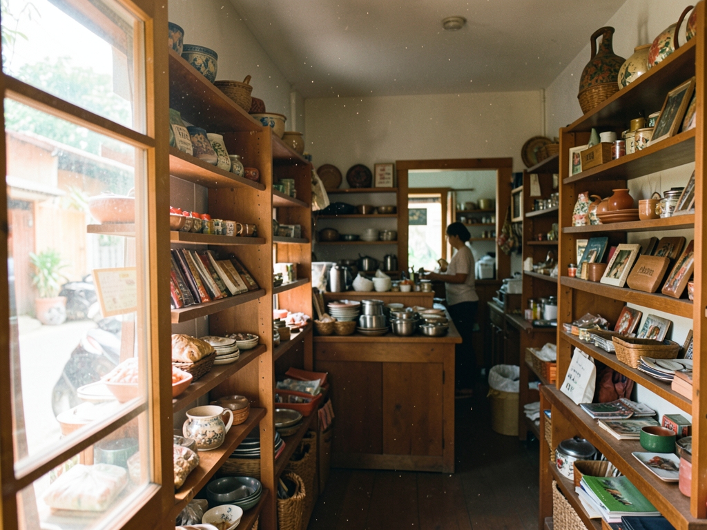 Small family run shop interior with wooden shelves daylight