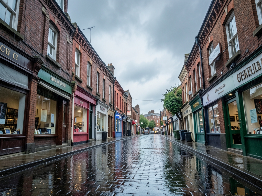 Rain soaked small town commercial street with brick buildings