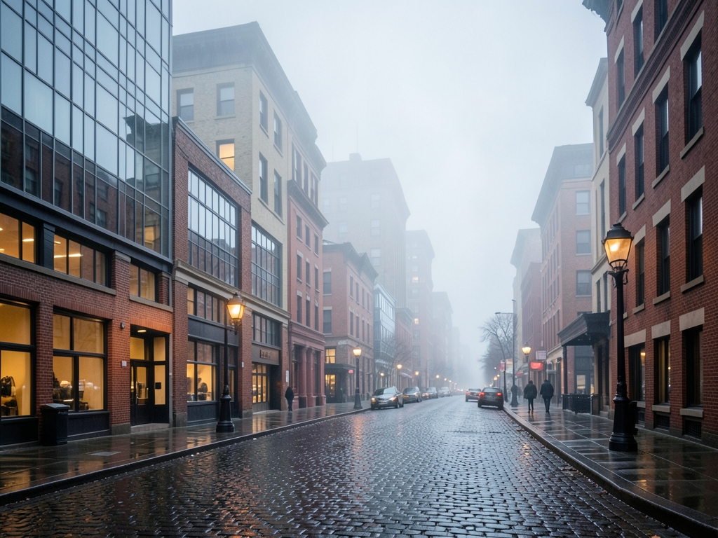 misty Boston morning over brick and glass mixed use streetscape with