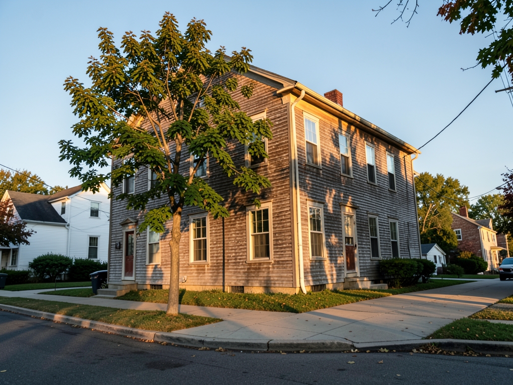 sunlit late afternoon view modest three story wooden frame building back