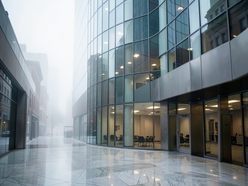 sleek glass office tower downtown Boston foggy morning