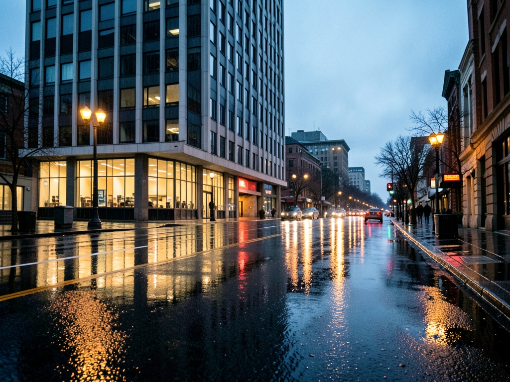 rain soaked Boston street dusk reflecting amber streetlights asphalt