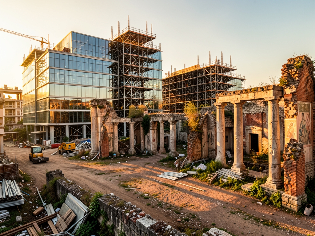 Sunlight filters through construction site where half built structures