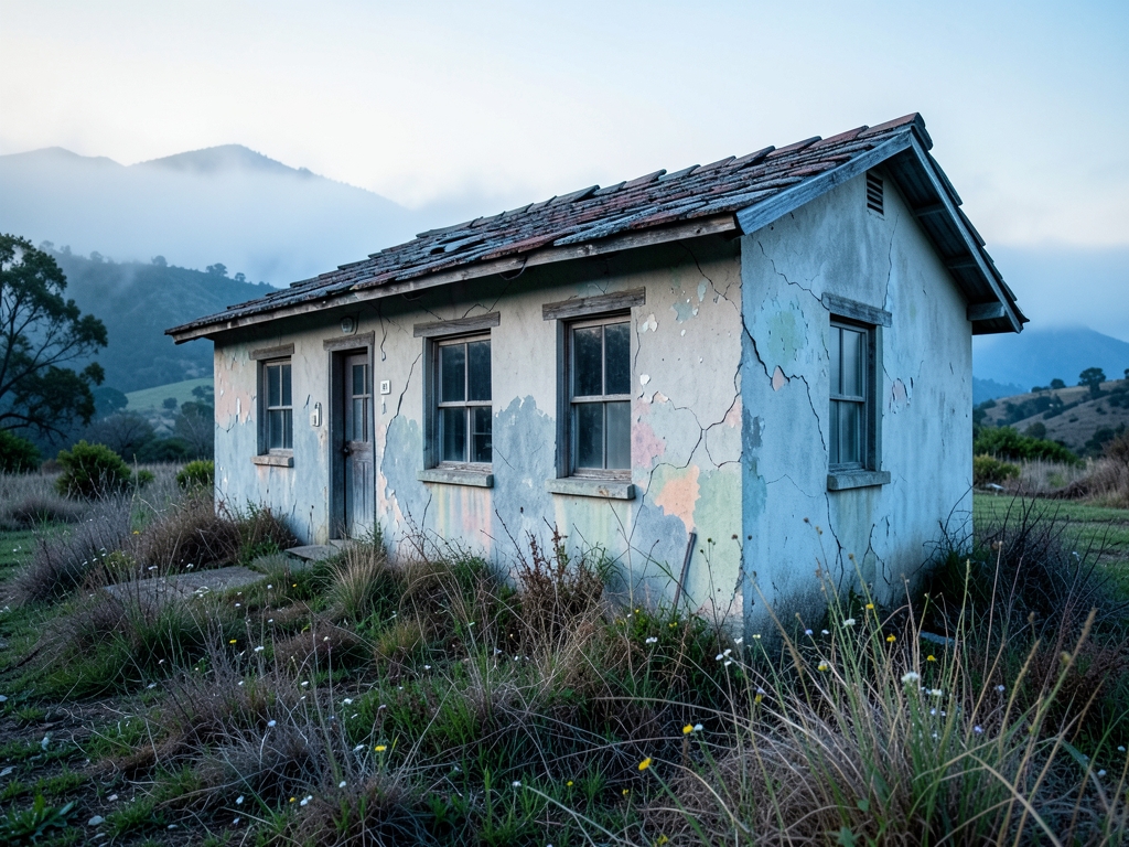 weathered single story ranch house with cracked stucco walls