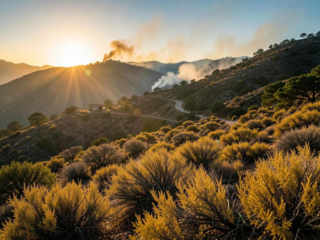 sunlit California hillside golden brush scattered chaparral under