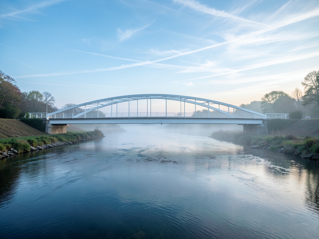 misty dawn over minimalist white bridge arching over