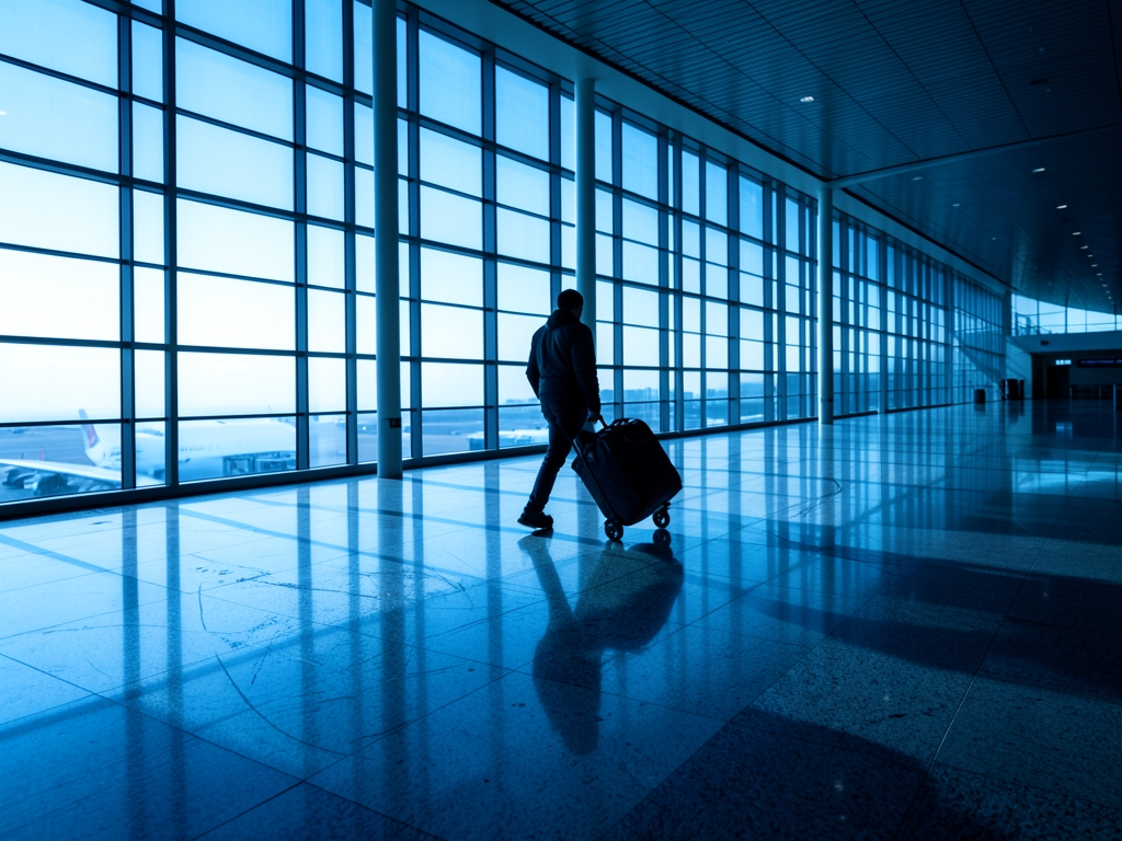 vast empty airport terminal dawn cold blue light