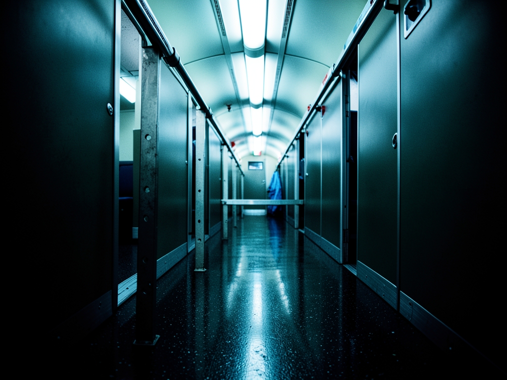 narrow airplane aisle under harsh fluorescent light rigid