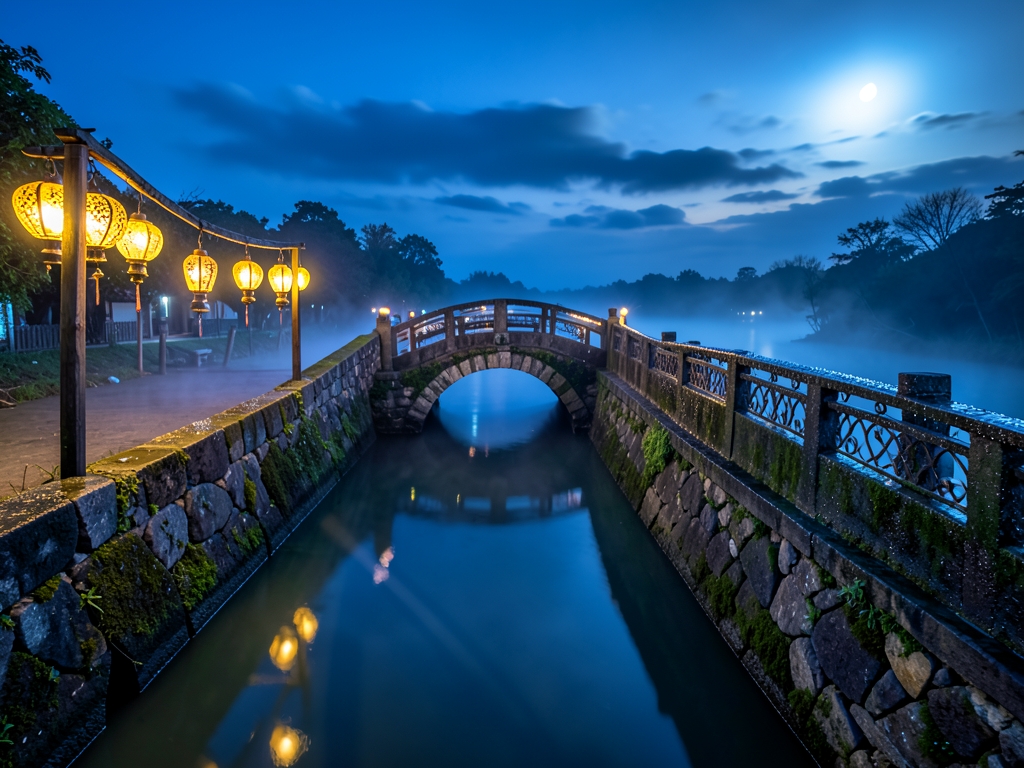 narrow stone bridge over misty river twilight warm