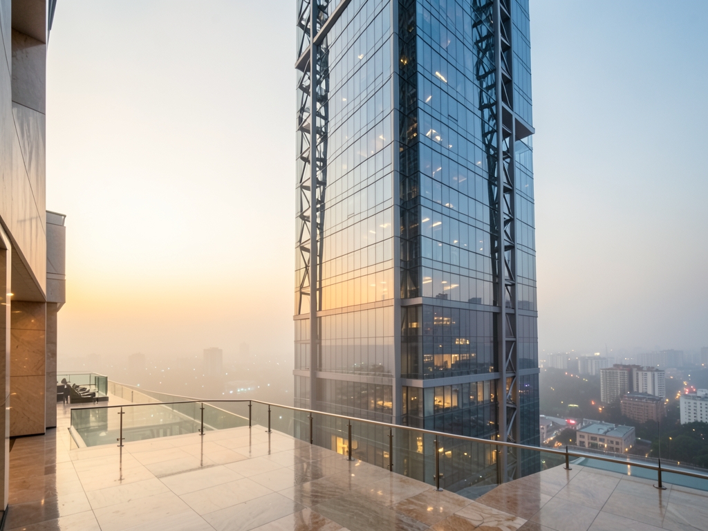 glass walled financial tower dawn pale golden light filtering