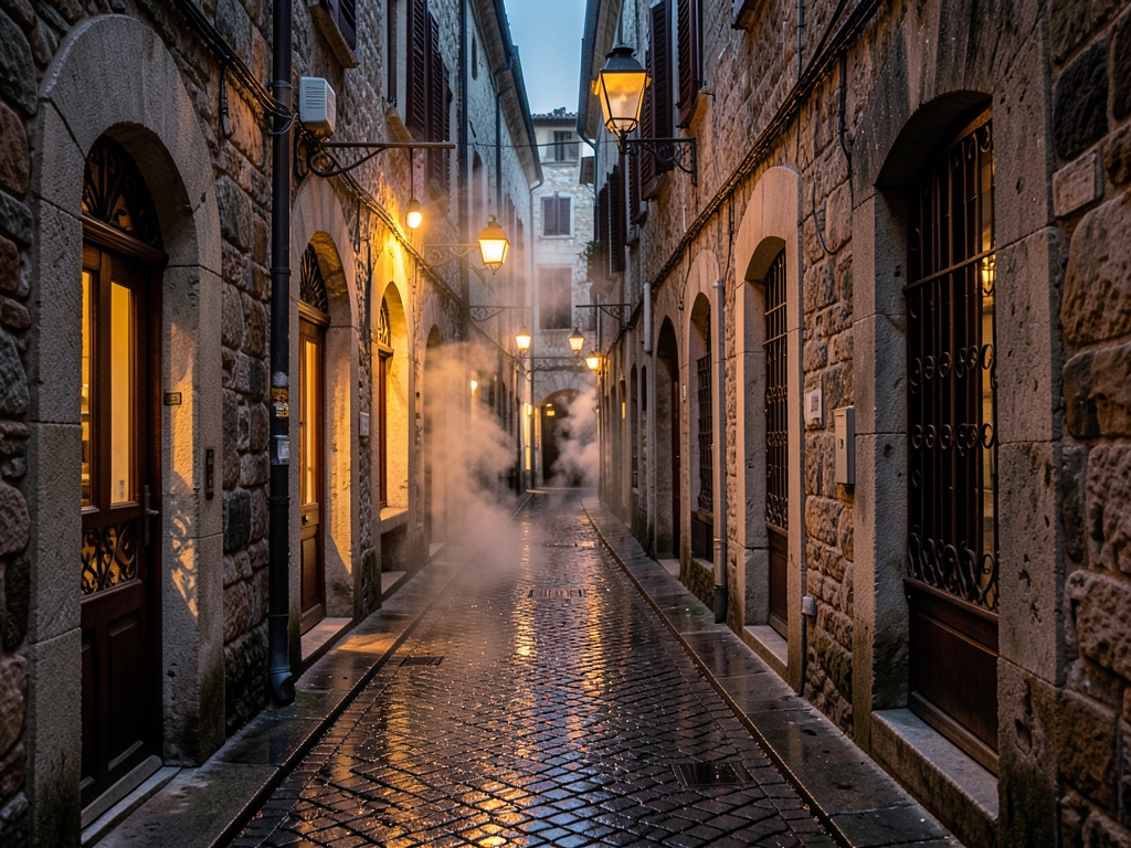 narrow historic alley dusk warm light spilling from