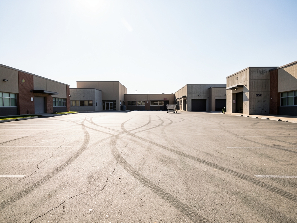 vast empty suburban parking before low blocky commercial