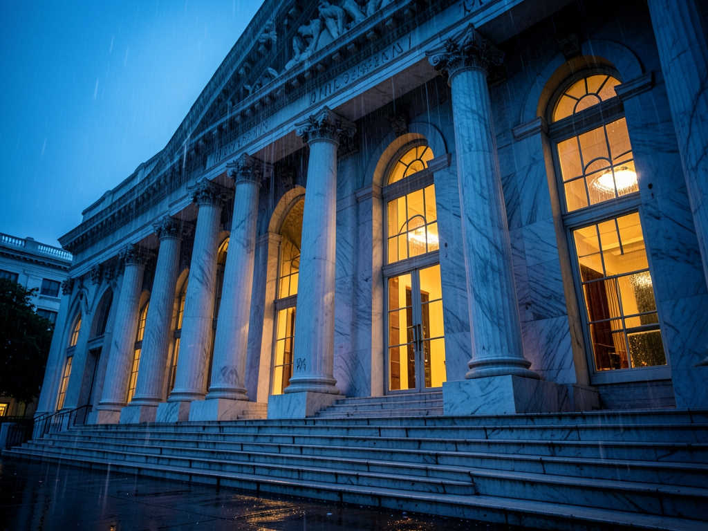 grand marble courthouse dusk rain streaking tall arched