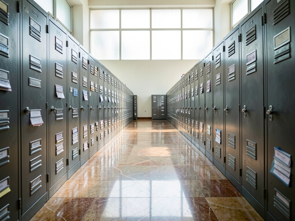 vast quiet archive hall with rows steel filing