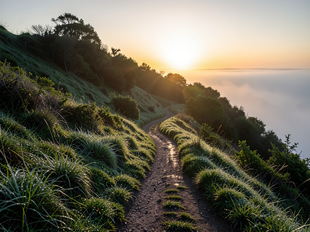 misty hillside sunrise with dewy grass single winding