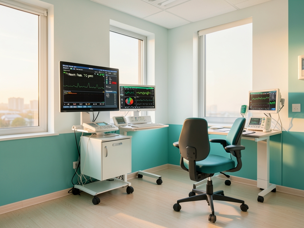 bright hospital monitoring room dawn with pale birchwood