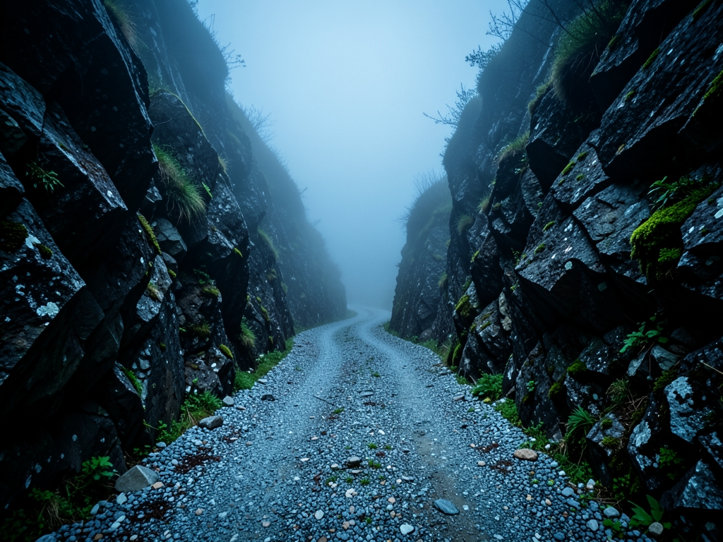 winding gravel path through dense foggy mountain pass