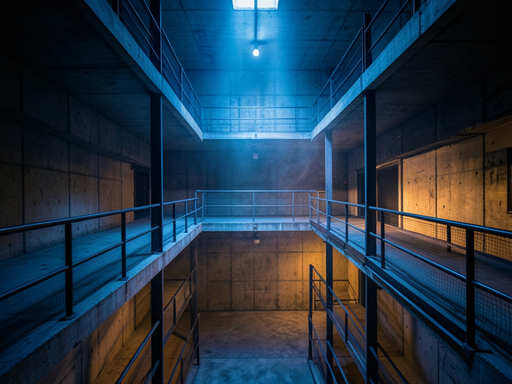 vast dimly concrete atrium with multiple mezzanine levels