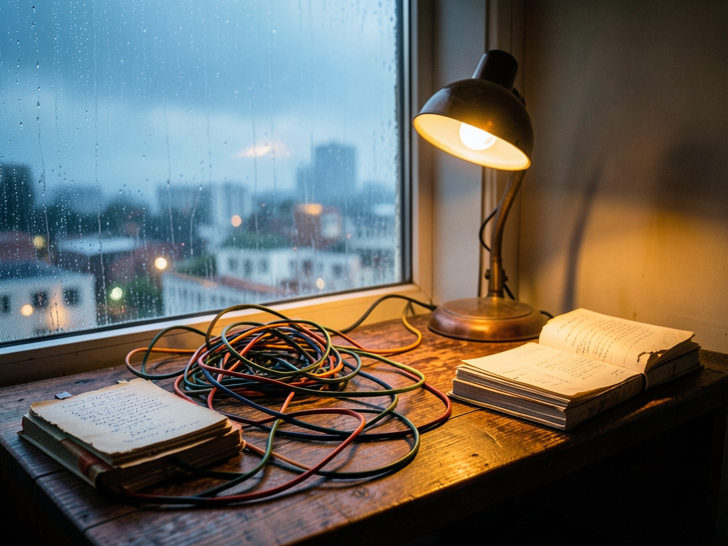 cluttered wooden desk under warm amber desk lamp