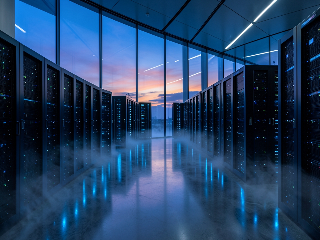 vast glass walled server room twilight cool blue light