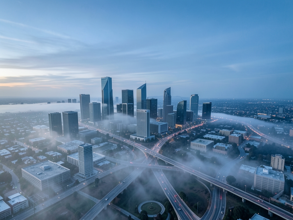 wide aerial view Angeles basin dawn mist settling