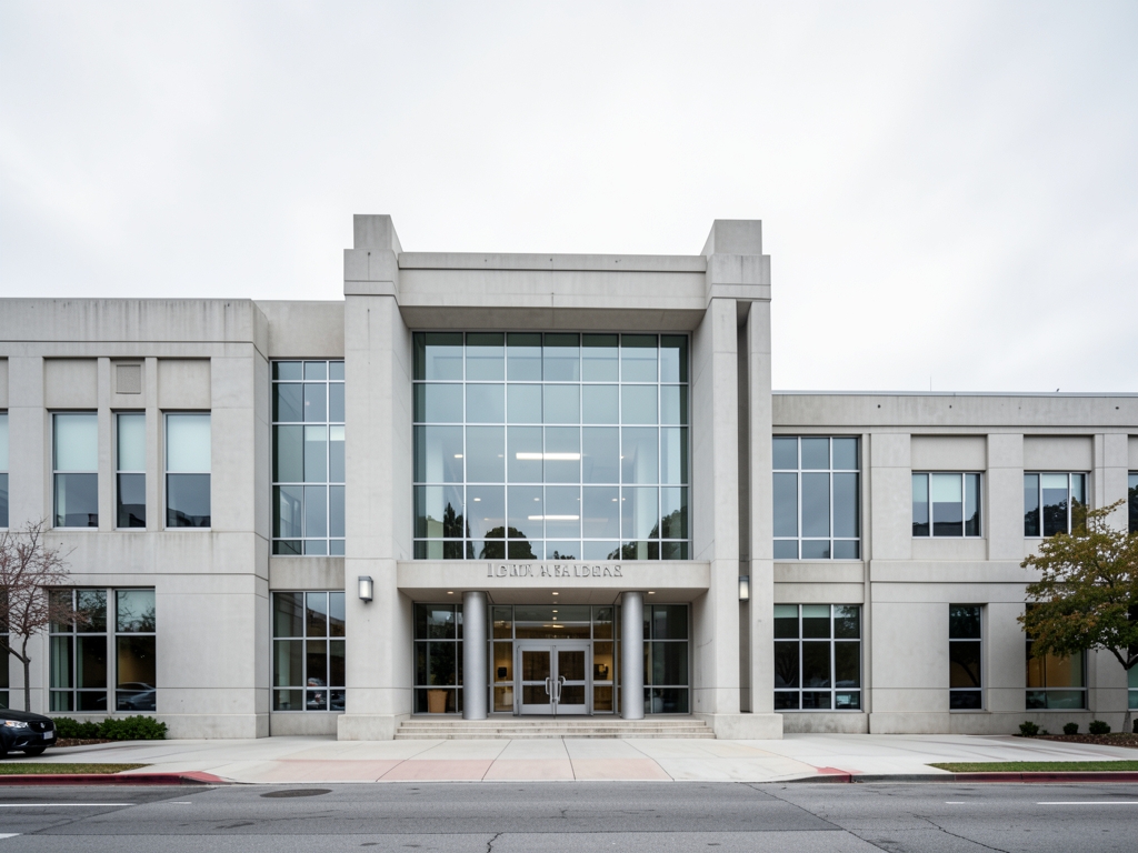 broad municipal courthouse Angeles under pale overcast sky