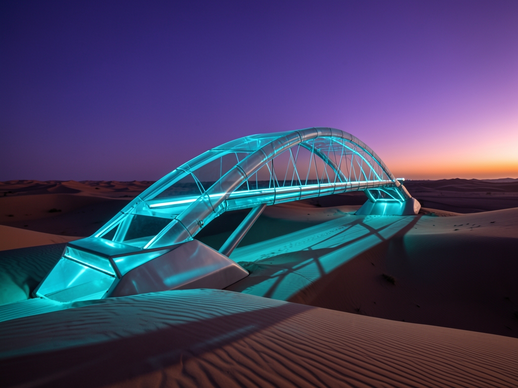luminous translucent glass bridge stretching across barren desert