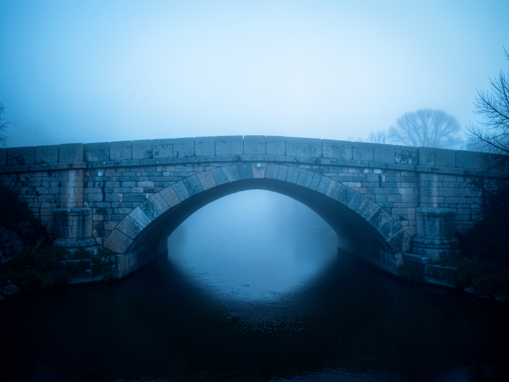 vast fog covered stone bridge over dark river dawn