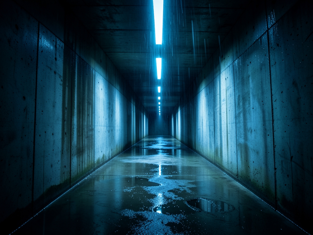 long concrete underground corridor thin shafts cold blue
