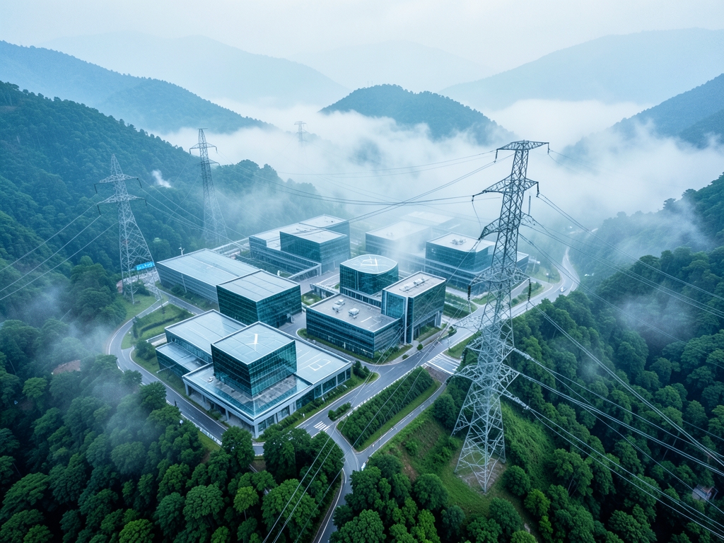 Aerial view sprawling data campus nestled misty valley